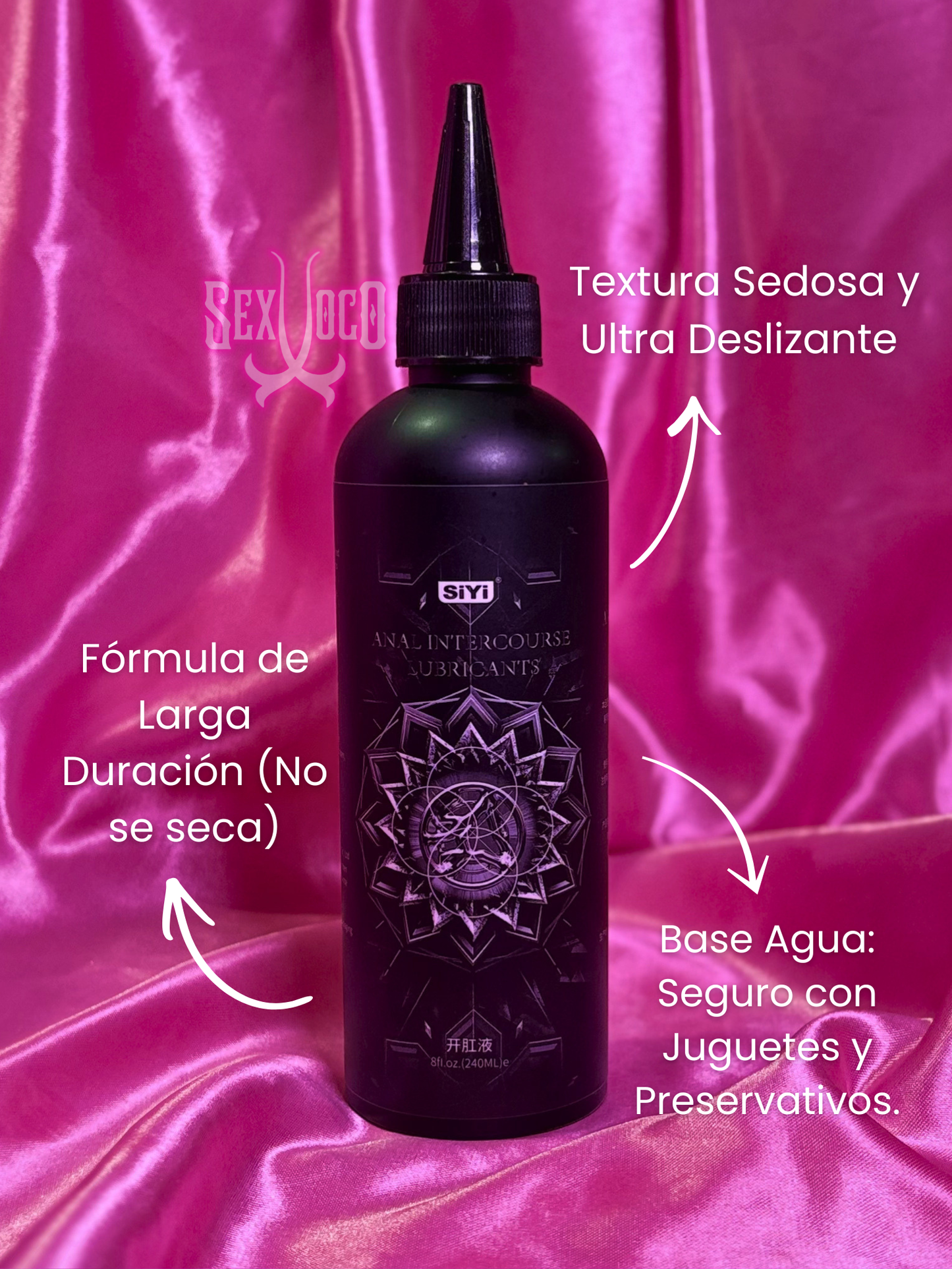 Botella negra de lubricante SiYi Anal Intercourse Lubricants sobre fondo de satén rosa neón