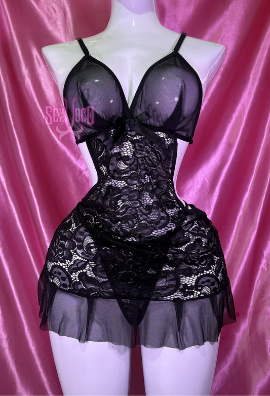 Baby doll "Tentación Fatal" corsé de encaje y olán 🖤🎀