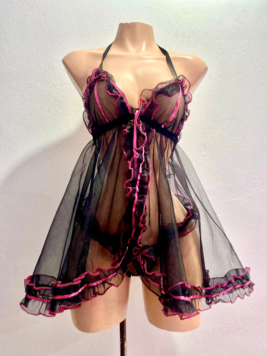 Baby Doll "Listón" – Tul Vibrante y Acabado en Olanes