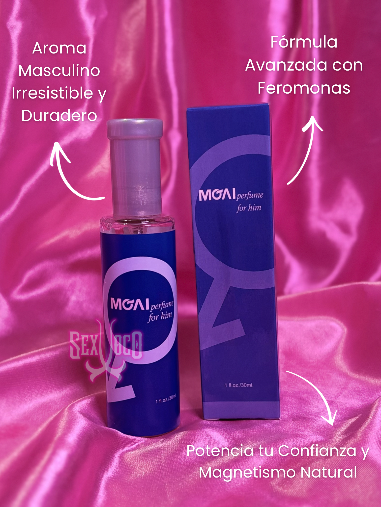Botella y caja azul de perfume de feromonas MGAL for Him sobre fondo de satén rosa neón Sex Shop Xoco.
