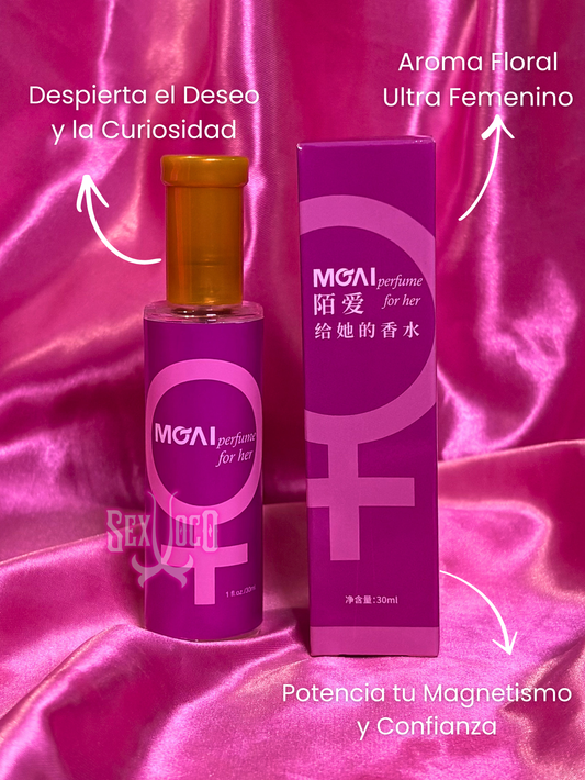 Botella y caja rosa de perfume de feromonas MGAL for Her sobre fondo de satén rosa neón.