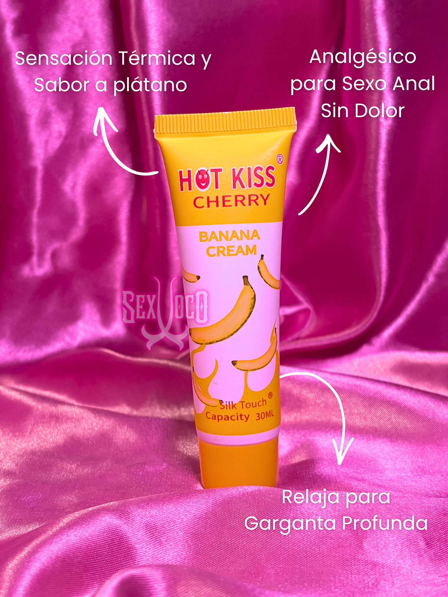 Tubo amarillo de Hot Kiss Banana Cream sobre fondo de satén rosa neón Sex Shop Xoco.
