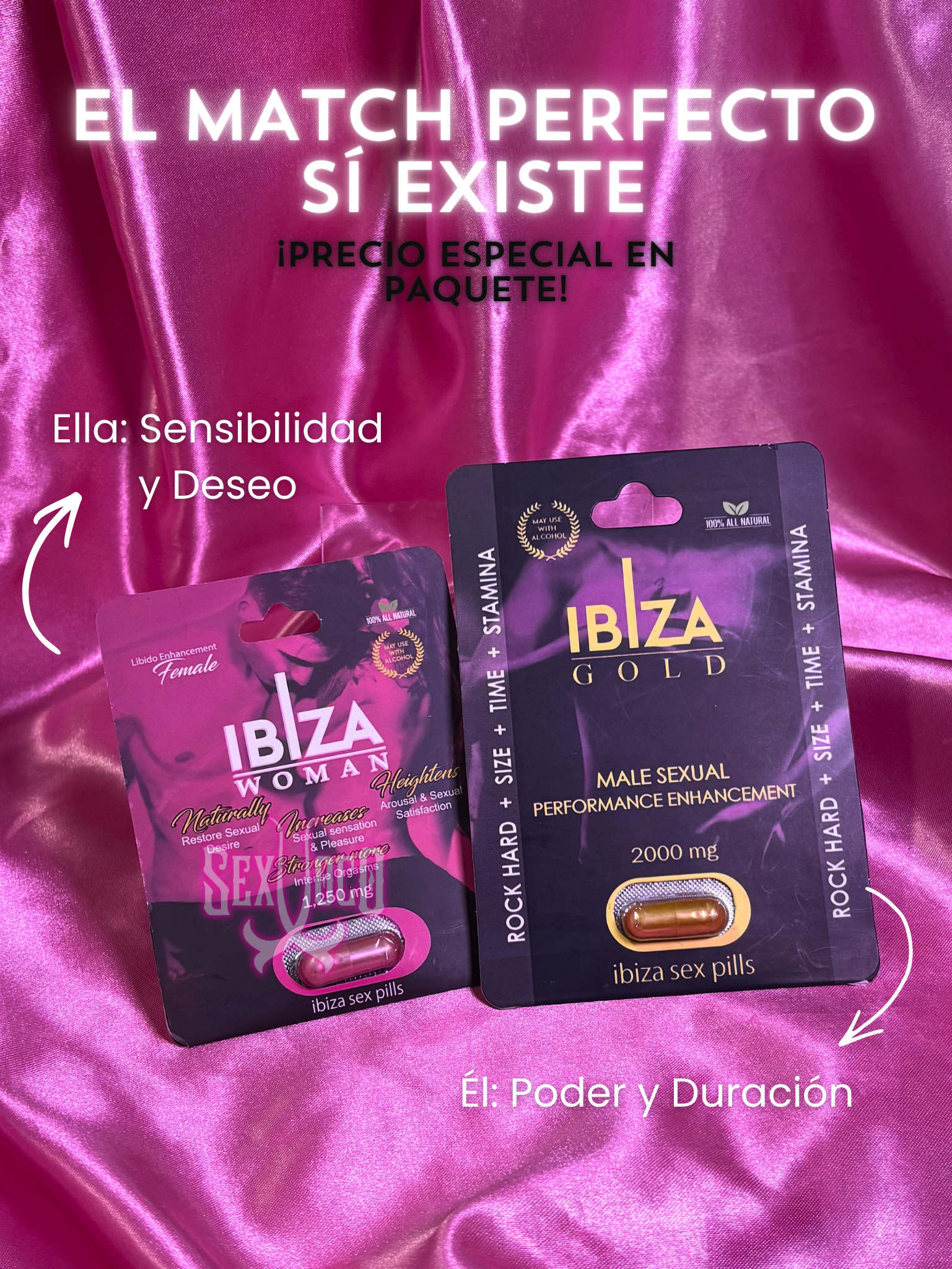 Pack de dos pastillas Ibiza Gold y Ibiza Woman juntas sobre fondo de satén rosa neón.