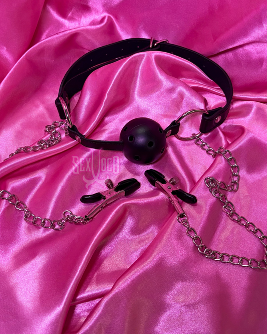 🖤 Combo Bondage 2-en-1: Mordaza de Bola + Pinzas para Pezones ✨⛓️
